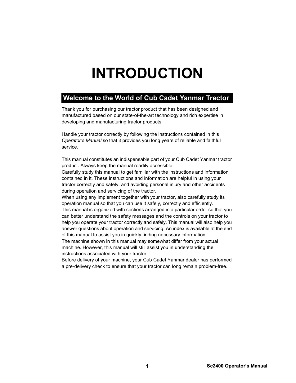 Introduction, Welcome to the world of cub cadet yanmar tractor | Cub Cadet SC2400 User Manual | Page 3 / 133