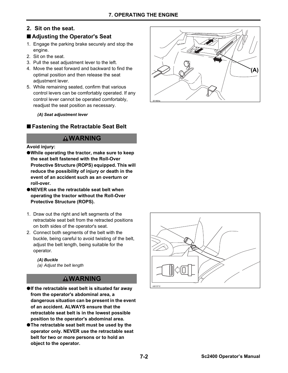 Adjusting the operator's seat, Fastening the retractable seat belt, Adjusting the operator's seat -2 | Fastening the retractable seat belt -2, Warning | Cub Cadet SC2400 User Manual | Page 35 / 133
