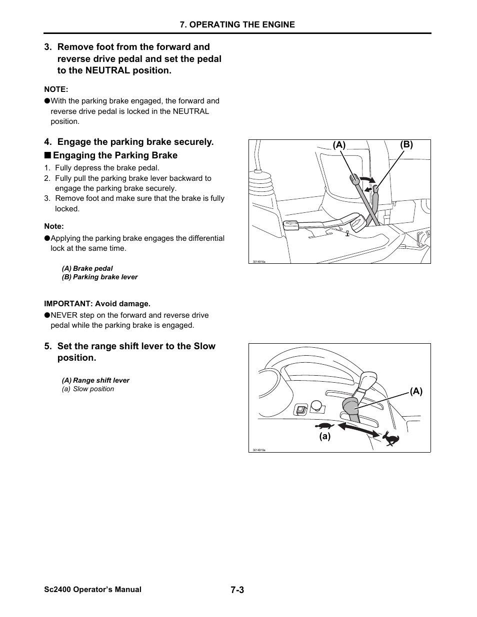 Engaging the parking brake, Engaging the parking brake -3 | Cub Cadet SC2400 User Manual | Page 36 / 133