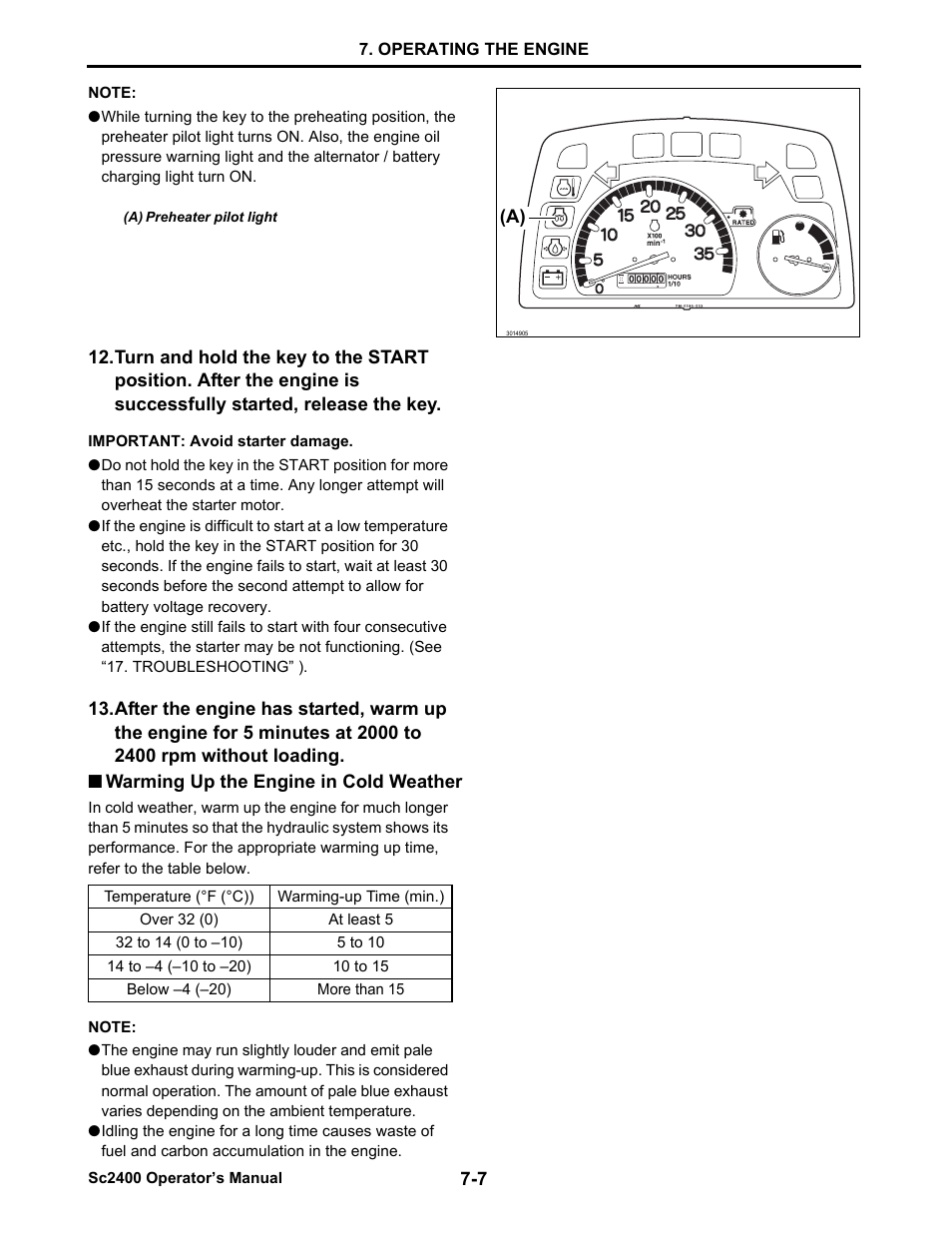 Warming up the engine in cold weather, Warming up the engine in cold weather -7 | Cub Cadet SC2400 User Manual | Page 40 / 133