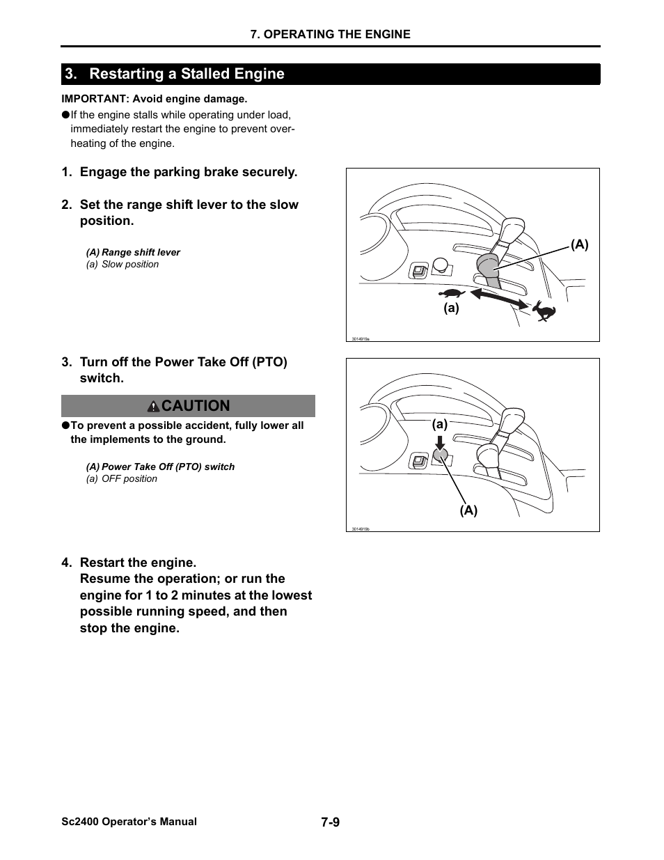 Restarting a stalled engine, Restarting a stalled engine -9, Restarting a stalled engine caution | Cub Cadet SC2400 User Manual | Page 42 / 133