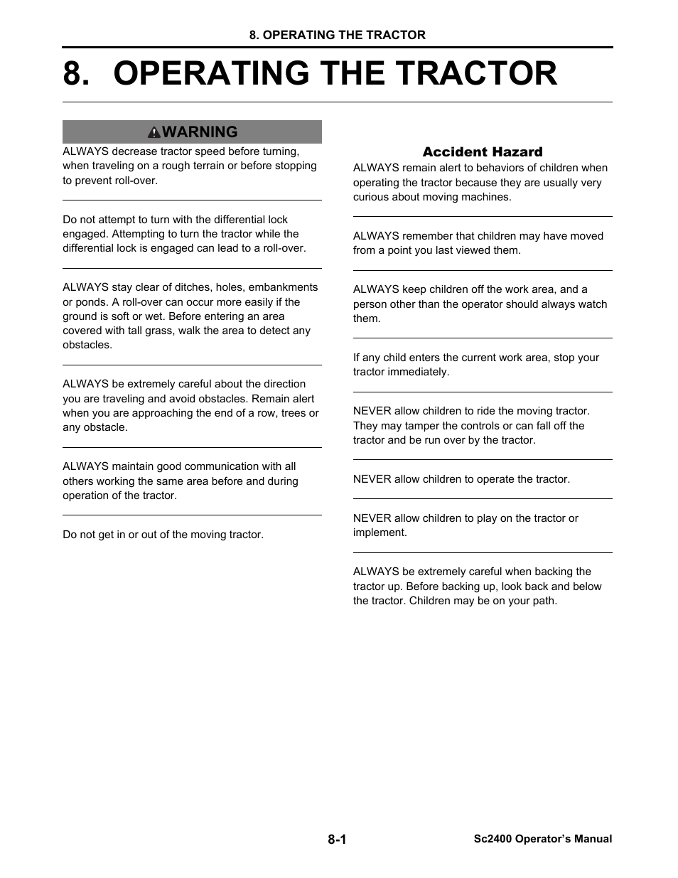 Operating the tractor, Accident hazard, Operating the tractor -1 | Warning | Cub Cadet SC2400 User Manual | Page 43 / 133