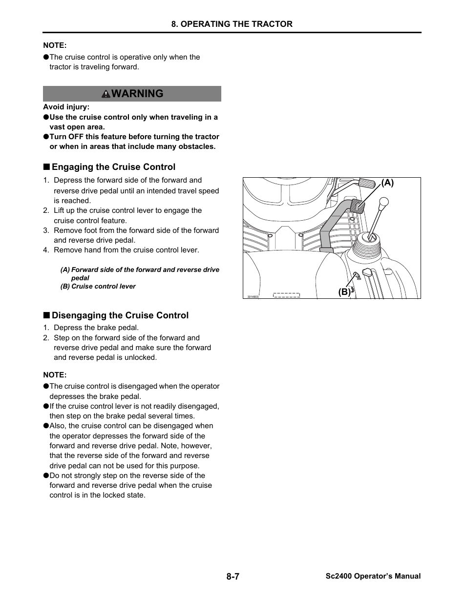 Engaging the cruise control, Disengaging the cruise control, Engaging the cruise control -7 | Disengaging the cruise control -7, Warning | Cub Cadet SC2400 User Manual | Page 49 / 133