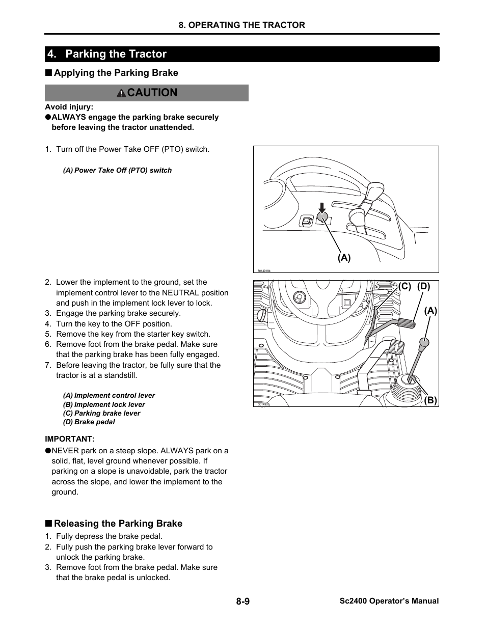 Parking the tractor, Applying the parking brake, Releasing the parking brake | Parking the tractor -9, Applying the parking brake -9, Releasing the parking brake -9, Parking the tractor caution | Cub Cadet SC2400 User Manual | Page 51 / 133