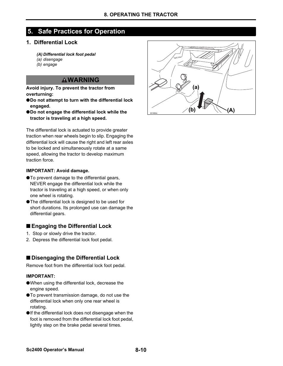 Safe practices for operation, Differential lock, Engaging the differential lock | Disengaging the differential lock, Safe practices for operation -10, Engaging the differential lock -10, Disengaging the differential lock -10, Safe practices for operation warning | Cub Cadet SC2400 User Manual | Page 52 / 133