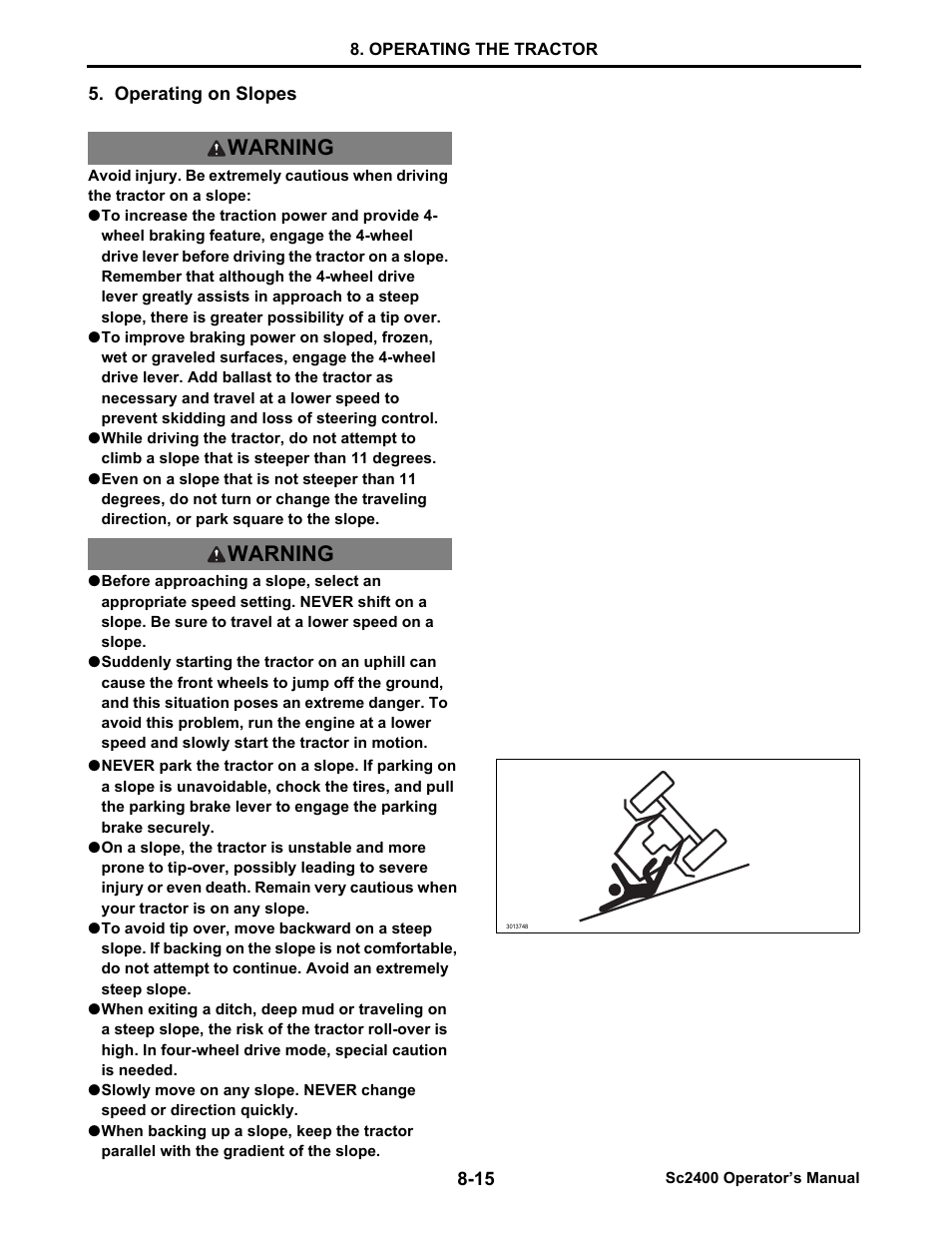 Operating on slopes, Warning | Cub Cadet SC2400 User Manual | Page 57 / 133