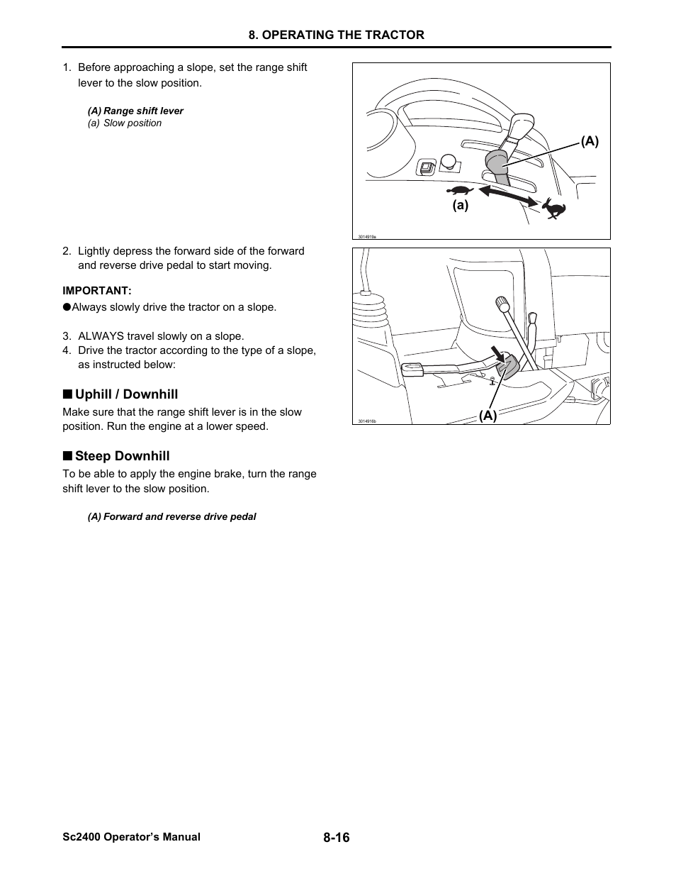Always slowly drive the tractor on a slope, Uphill / downhill, Steep downhill | Uphill / downhill -16, Steep downhill -16 | Cub Cadet SC2400 User Manual | Page 58 / 133