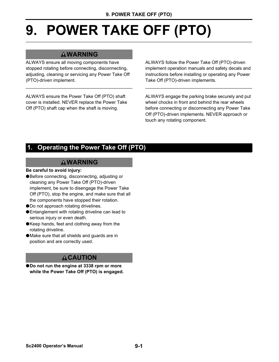 Power take off (pto), Operating the power take off (pto), Do not approach rotating drivelines | Operating the power take off (pto) -1, Power take off (pto) -1 | Cub Cadet SC2400 User Manual | Page 60 / 133