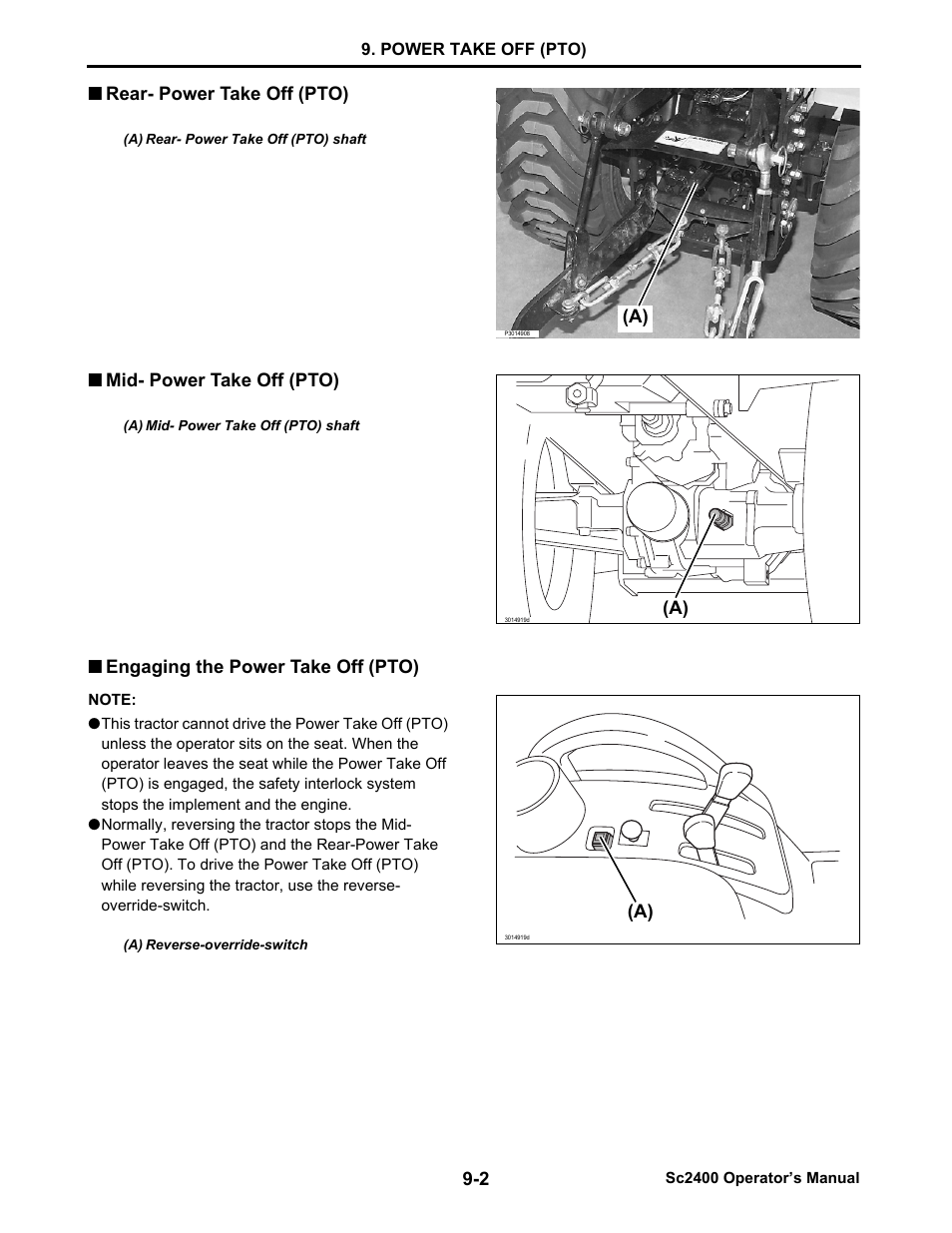 Rear- power take off (pto), Mid- power take off (pto), Engaging the power take off (pto) | Rear- power take off (pto) -2, Mid- power take off (pto) -2, Engaging the power take off (pto) -2 | Cub Cadet SC2400 User Manual | Page 61 / 133