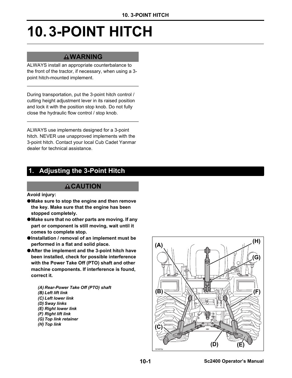 3-point hitch, Adjusting the 3-point hitch, Adjusting the 3-point hitch -1 | Point hitch -1, Warning 1. adjusting the 3-point hitch caution | Cub Cadet SC2400 User Manual | Page 65 / 133