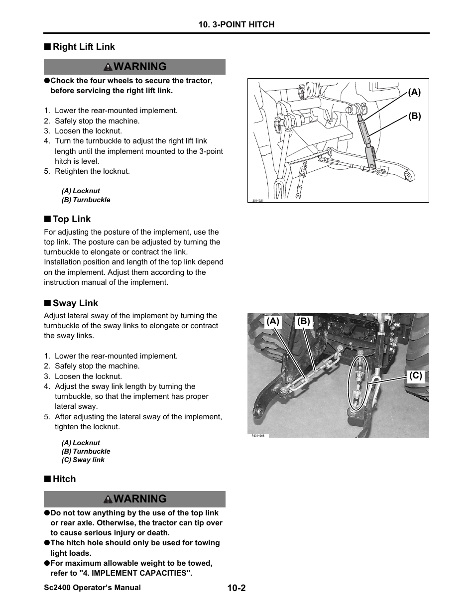 Right lift link, Top link, Sway link | Hitch, Right lift link -2, Top link -2, Sway link -2, Hitch -2, Warning | Cub Cadet SC2400 User Manual | Page 66 / 133