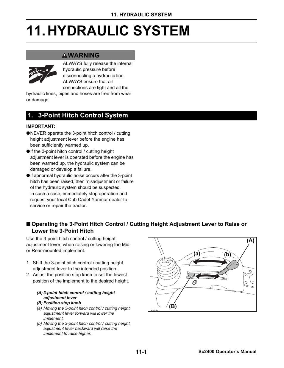 Hydraulic system, Point hitch control system, 3-point hitch control system -1 | Hydraulic system -1, Warning 1. 3-point hitch control system | Cub Cadet SC2400 User Manual | Page 67 / 133