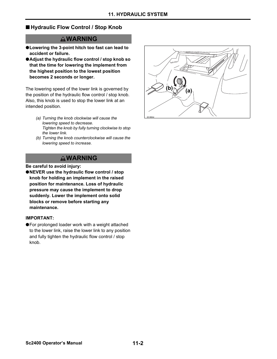 Hydraulic flow control / stop knob, Hydraulic flow control / stop knob -2, Warning | Cub Cadet SC2400 User Manual | Page 68 / 133