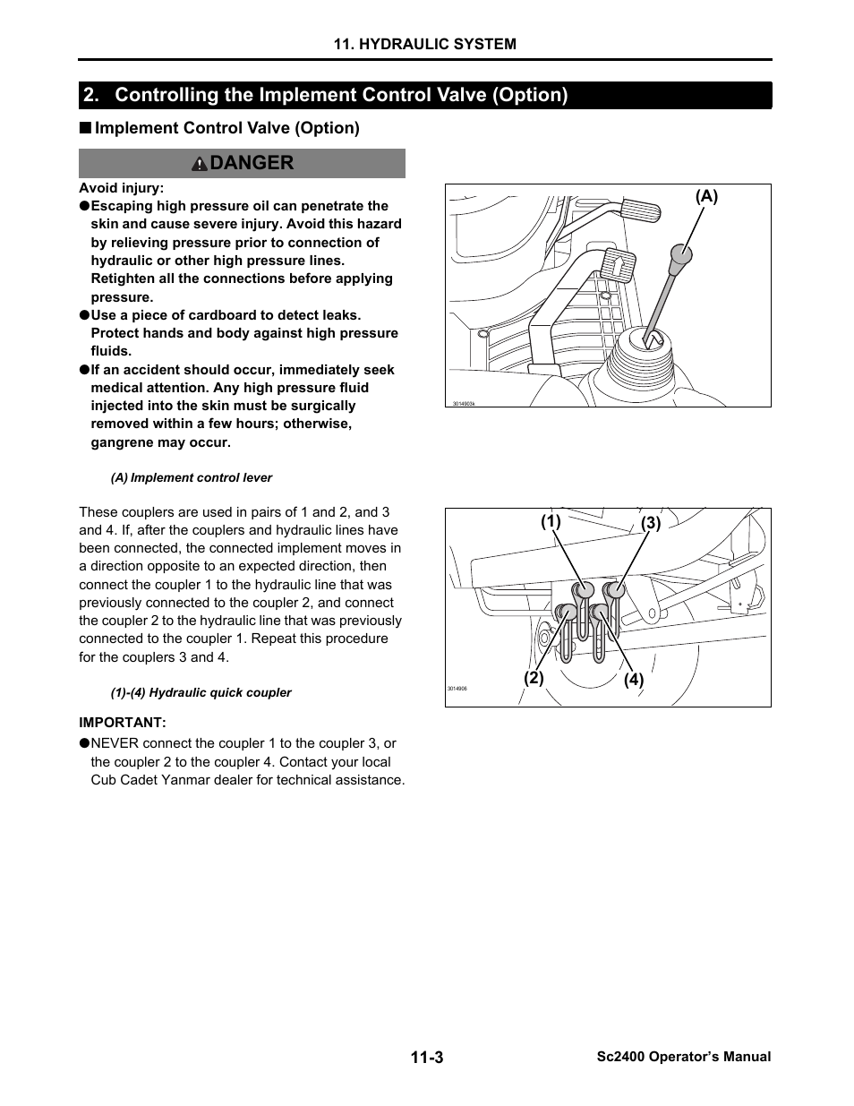 Controlling the implement control valve (option), Implement control valve (option), Implement control valve (option) -3 | Cub Cadet SC2400 User Manual | Page 69 / 133