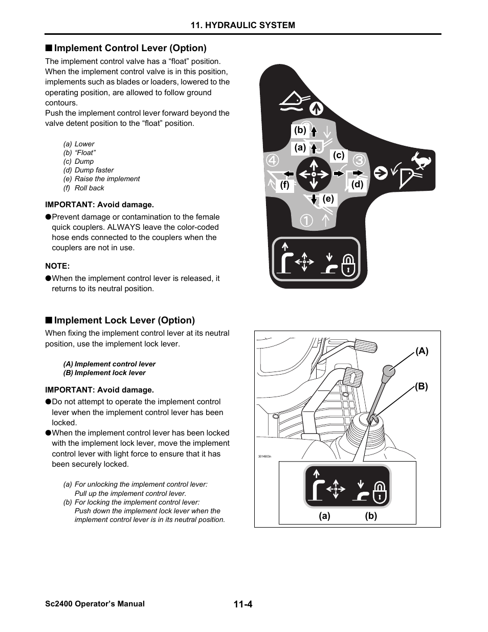 Implement control lever (option), Implement lock lever (option), Implement control lever (option) -4 | Implement lock lever (option) -4 | Cub Cadet SC2400 User Manual | Page 70 / 133