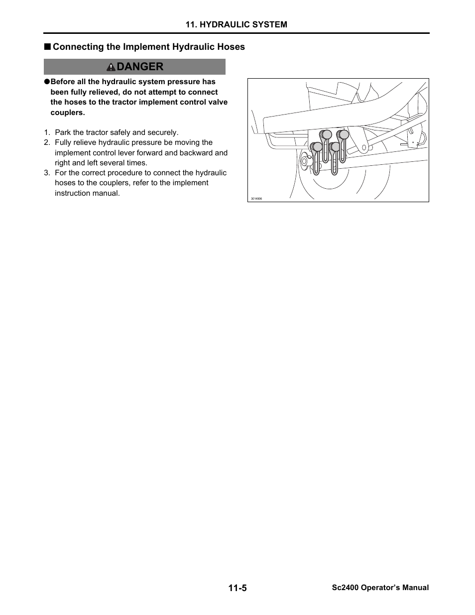Connecting the implement hydraulic hoses, Connecting the implement hydraulic hoses -5, Danger | Cub Cadet SC2400 User Manual | Page 71 / 133