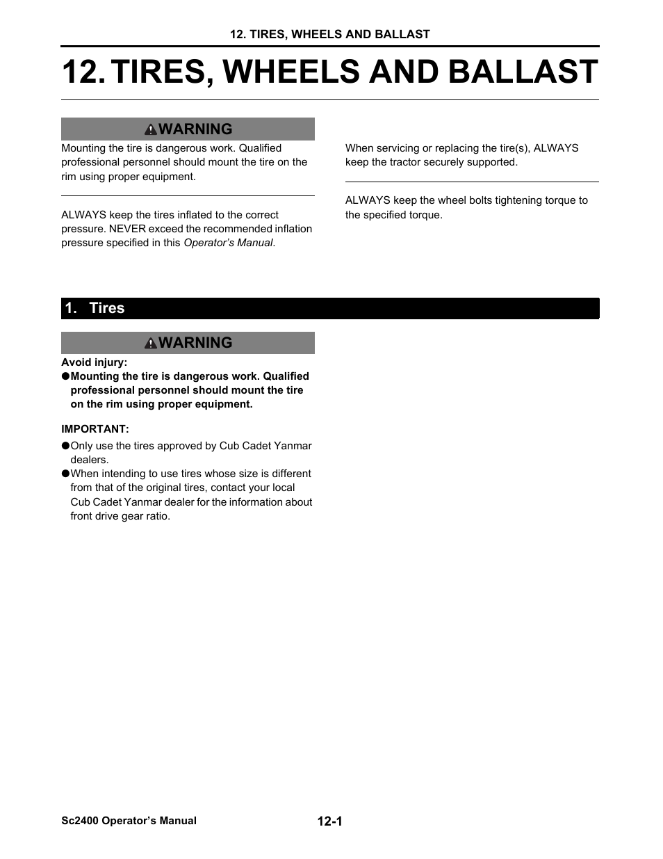 Tires, wheels and ballast, Tires, Tires -1 | Tires, wheels and ballast -1 | Cub Cadet SC2400 User Manual | Page 72 / 133