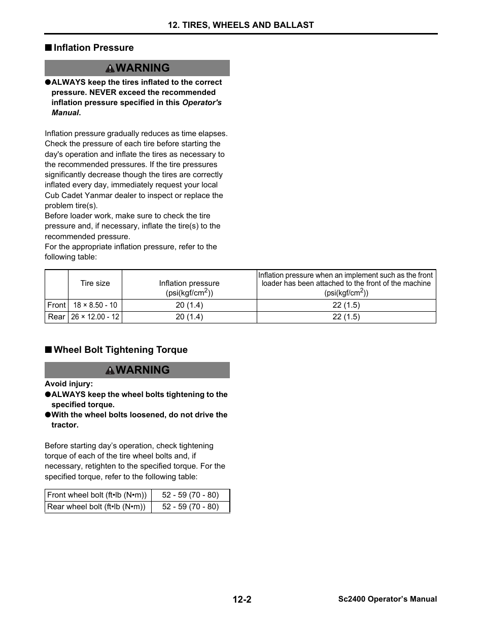 Inflation pressure, Wheel bolt tightening torque, Inflation pressure -2 | Wheel bolt tightening torque -2, Warning | Cub Cadet SC2400 User Manual | Page 73 / 133