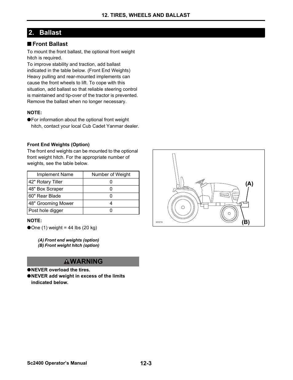 Ballast, Front ballast, One (1) weight = 44 lbs (20 kg) | Never overload the tires, Ballast -3, Front ballast -3, Warning | Cub Cadet SC2400 User Manual | Page 74 / 133