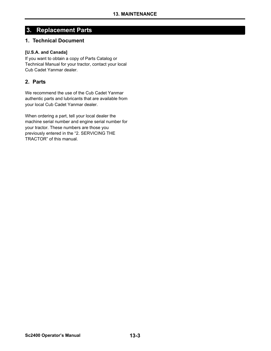 Replacement parts, Technical document, Parts | Replacement parts -3 | Cub Cadet SC2400 User Manual | Page 78 / 133