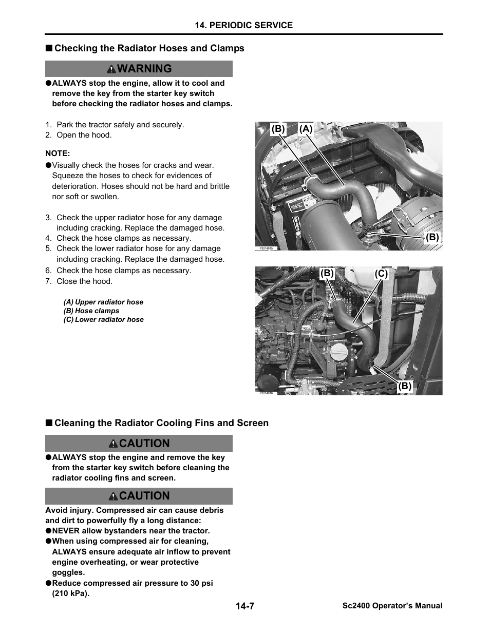Checking the radiator hoses and clamps, Cleaning the radiator cooling fins and screen, Never allow bystanders near the tractor | Reduce compressed air pressure to 30 psi (210 kpa), Checking the radiator hoses and clamps -7, Cleaning the radiator cooling fins and screen -7, Warning caution caution | Cub Cadet SC2400 User Manual | Page 85 / 133