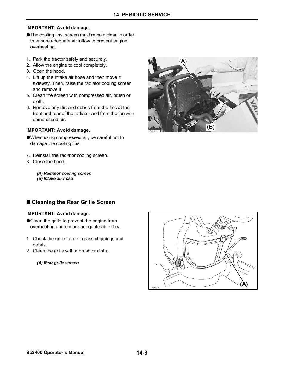 Cleaning the rear grille screen, Cleaning the rear grille screen -8 | Cub Cadet SC2400 User Manual | Page 86 / 133