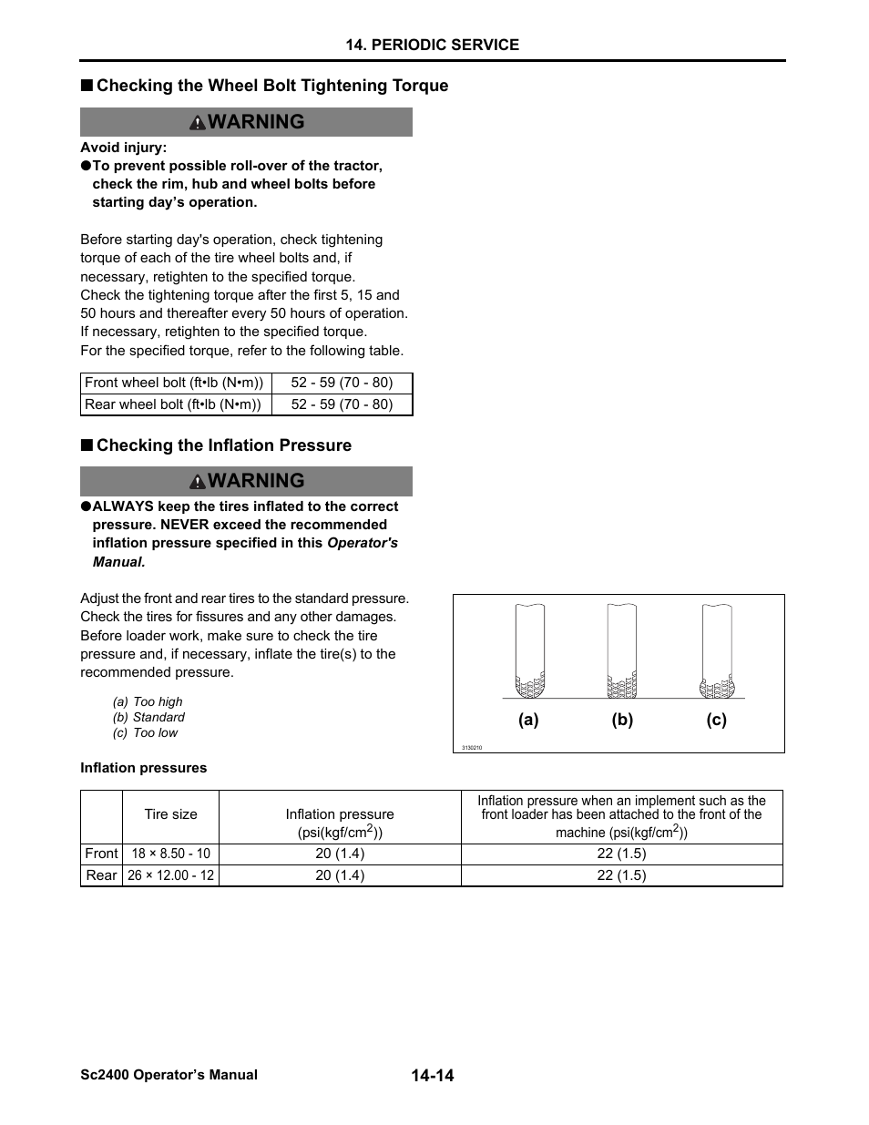 Checking the wheel bolt tightening torque, Checking the inflation pressure, Checking the wheel bolt tightening torque -14 | Checking the inflation pressure -14, Warning | Cub Cadet SC2400 User Manual | Page 92 / 133