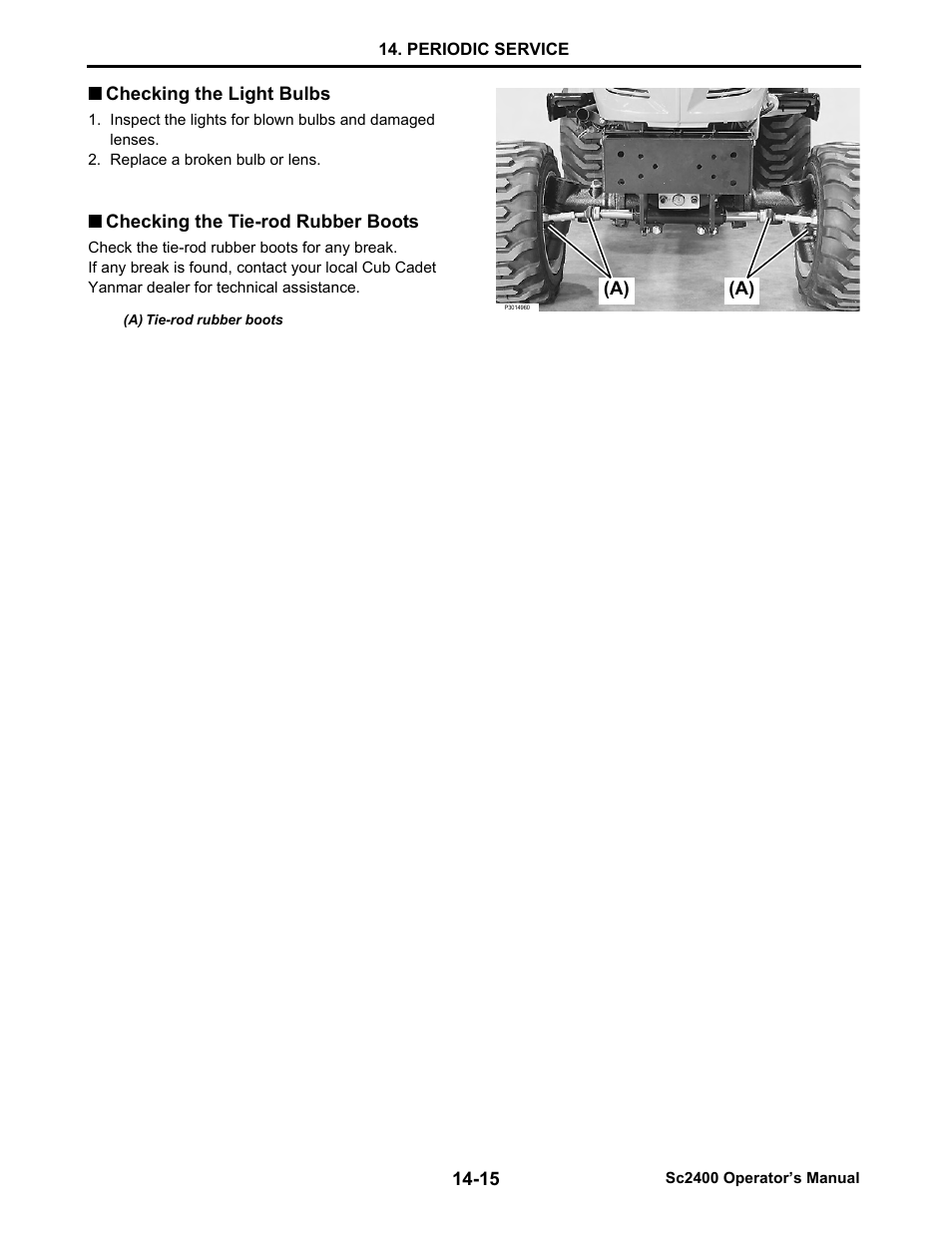 Checking the light bulbs, Checking the tie-rod rubber boots, Checking the light bulbs -15 | Checking the tie-rod rubber boots -15 | Cub Cadet SC2400 User Manual | Page 93 / 133