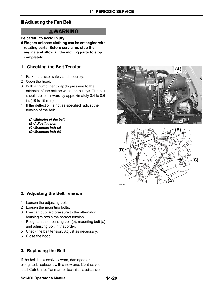 Adjusting the fan belt, Checking the belt tension, Adjusting the belt tension | Replacing the belt, Adjusting the fan belt -20, Warning | Cub Cadet SC2400 User Manual | Page 98 / 133