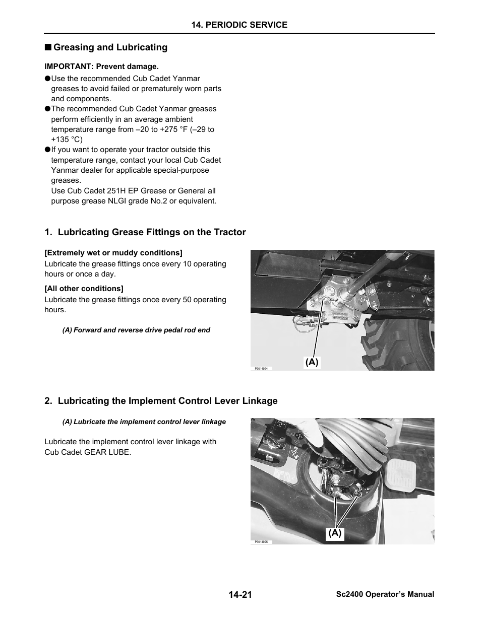 Greasing and lubricating, Lubricating grease fittings on the tractor, Lubricating the implement control lever linkage | Greasing and lubricating -21 | Cub Cadet SC2400 User Manual | Page 99 / 133