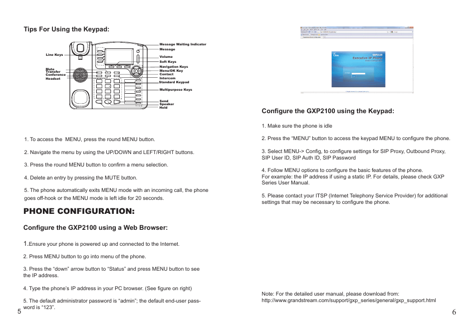 Phone configuration, Tips for using the keypad | Grandstream GXP2100 User Manual | Page 4 / 4