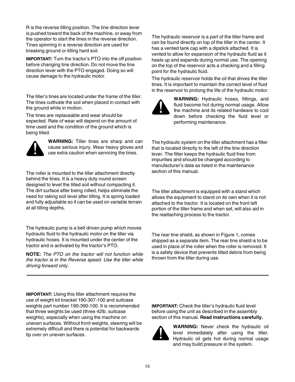Tiller tines, Roller, Hydraulic pump | Hydraulic reservoir, Hydraulic filter, Tiller stand, Rear tine shield, Fluid level | Cub Cadet 190-002 User Manual | Page 15 / 28