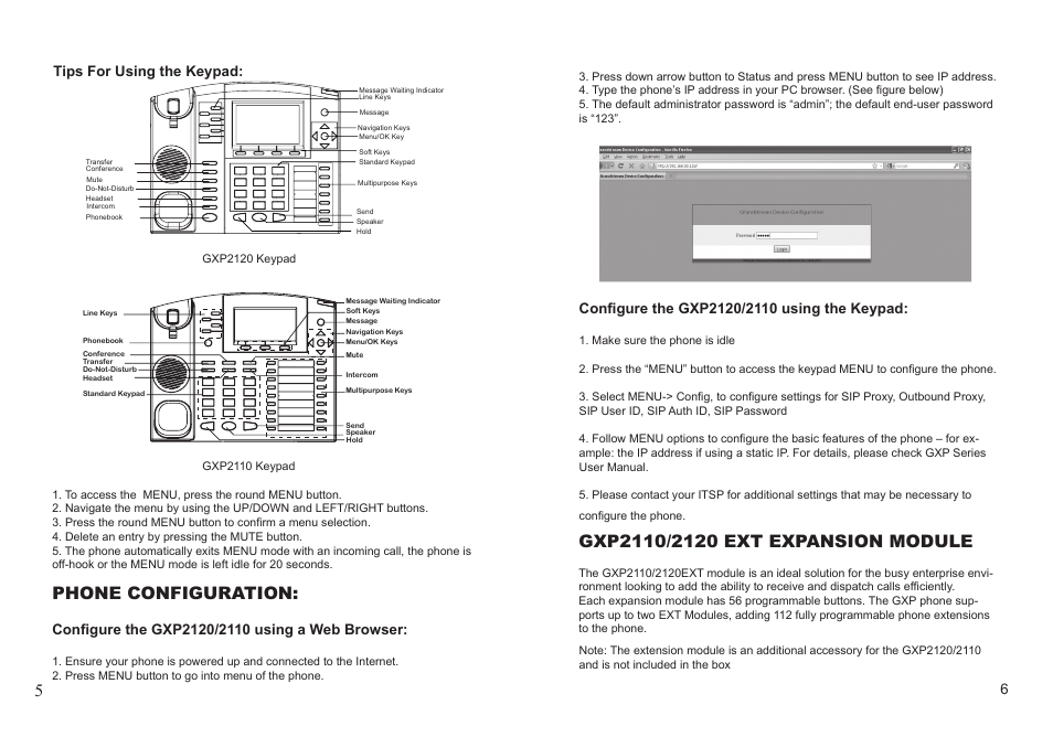 Phone configuration, Tips for using the keypad | Grandstream GXP2110 User Manual | Page 4 / 22