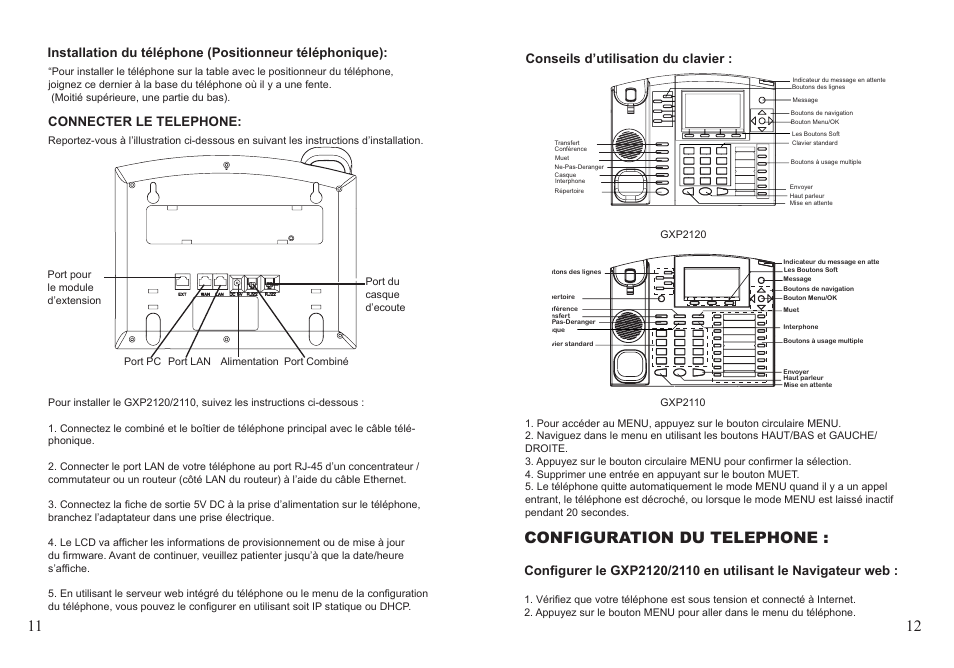 Configuration du telephone, Connecter le telephone, Conseils d’utilisation du clavier | Grandstream GXP2110 User Manual | Page 7 / 22