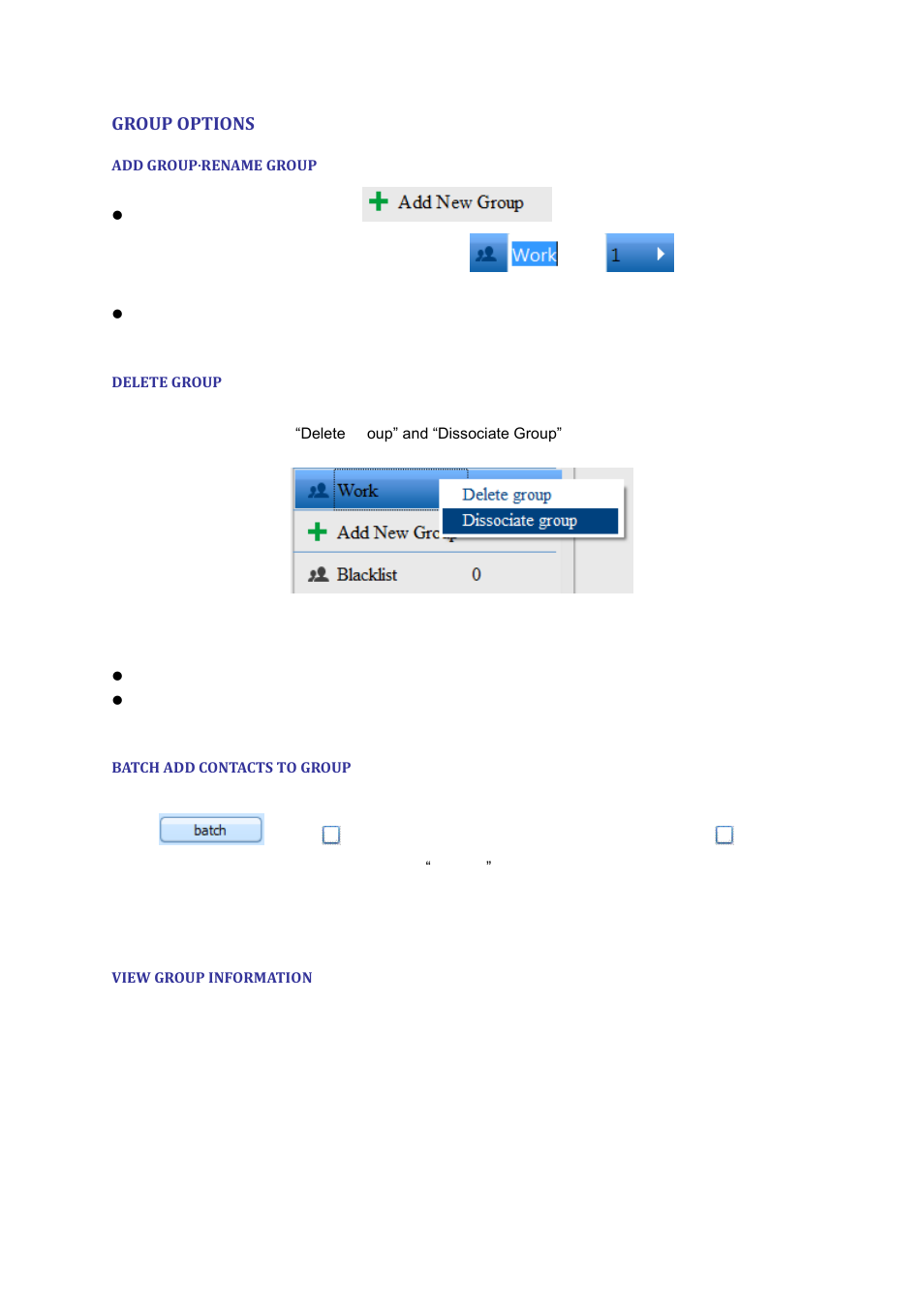 Group options, Add group·rename group, Delete group | Batch add contacts to group, View group information, Igure, Roup right click options | Grandstream Universal Phonebook Editor v3.6.4 User Manual | Page 11 / 15