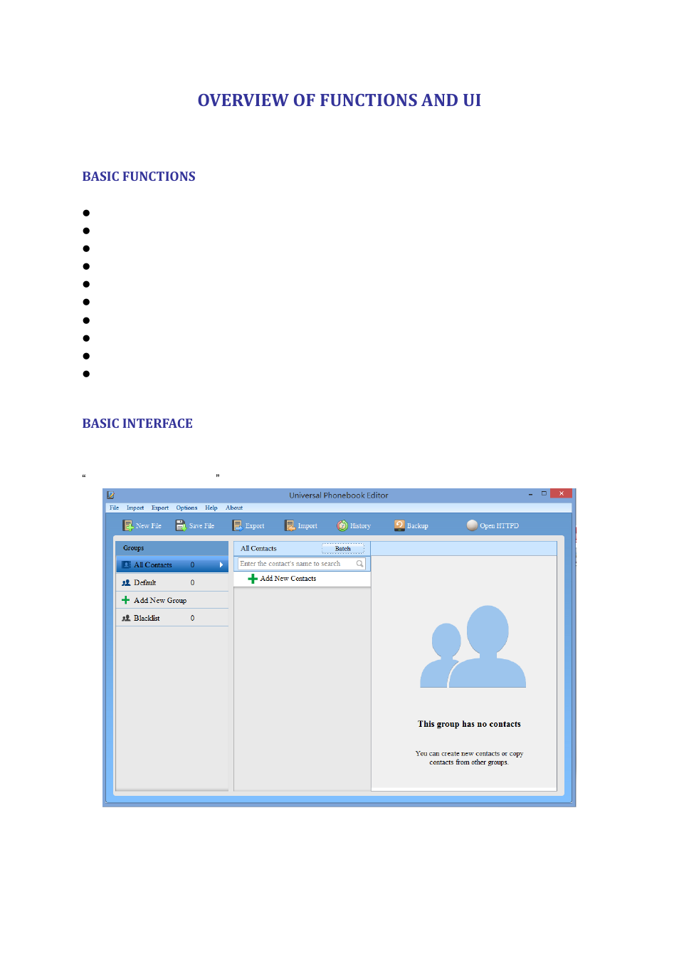 Overview of functions and ui, Basic functions, Basic interface | Igure, Honebook, Ditor, Nterface | Grandstream Universal Phonebook Editor v3.6.4 User Manual | Page 5 / 15