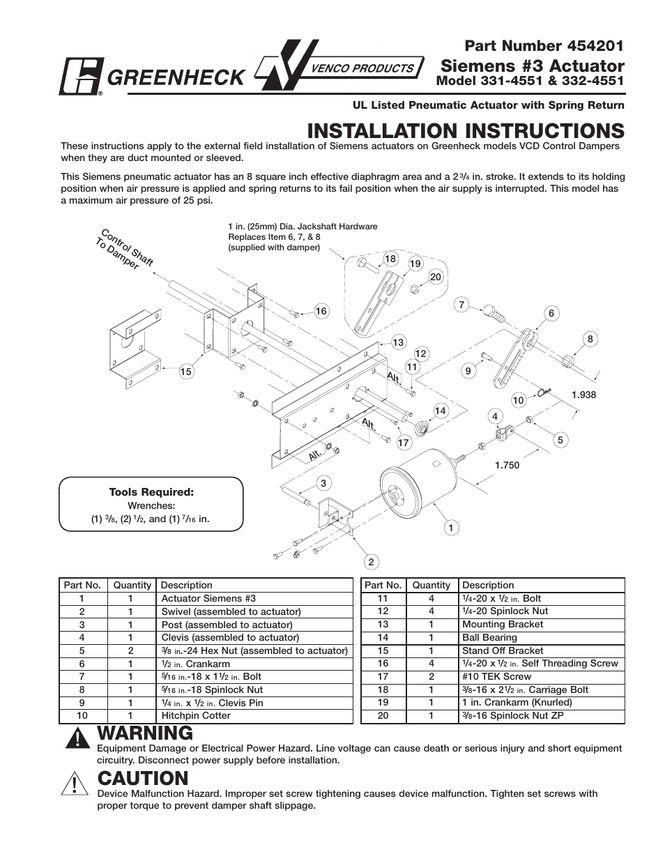 Greenheck 331-4551, 332-4551 - Siemens 3 Actuator (454201) User Manual | 2 pages