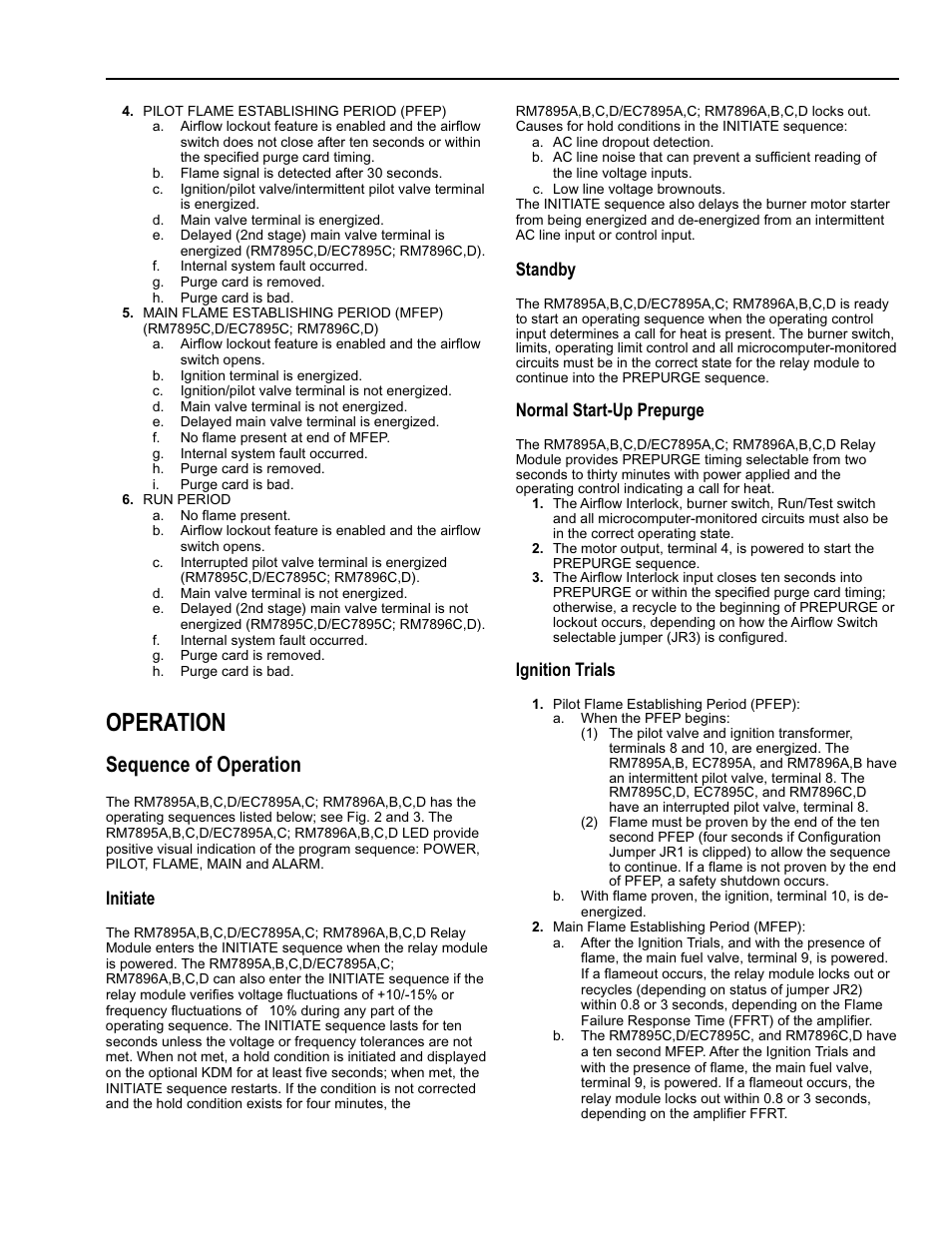 Operation, Sequence of operation, Initiate | Standby, Normal start-up prepurge, Ignition trials | Greenheck 7800 Series Relay Modules User Manual | Page 11 / 12