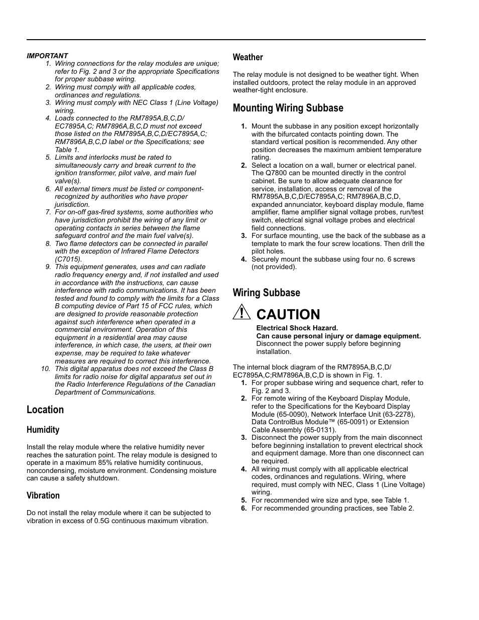 Caution, Location, Mounting wiring subbase | Wiring subbase | Greenheck 7800 Series Relay Modules User Manual | Page 2 / 12