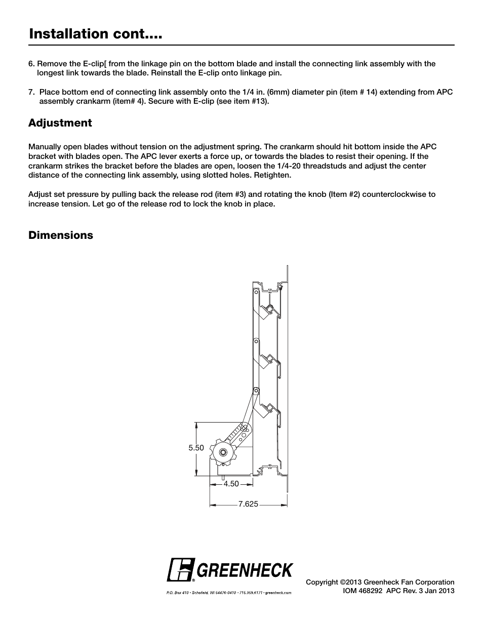 Installation cont, Adjustment, Dimensions | Greenheck Adjustable Pressure Controller (468292) User Manual | Page 3 / 3