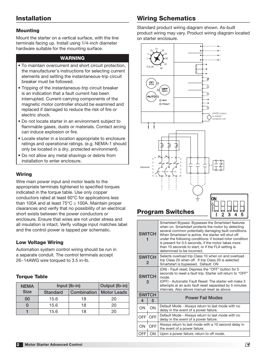 Installation, Program switches, Wiring schematics | Warning, Mounting, Wiring, Low voltage wiring, Torque table, Switch 1, Switch 2 | Greenheck Advanced Control - MSAC (476373) User Manual | Page 2 / 4