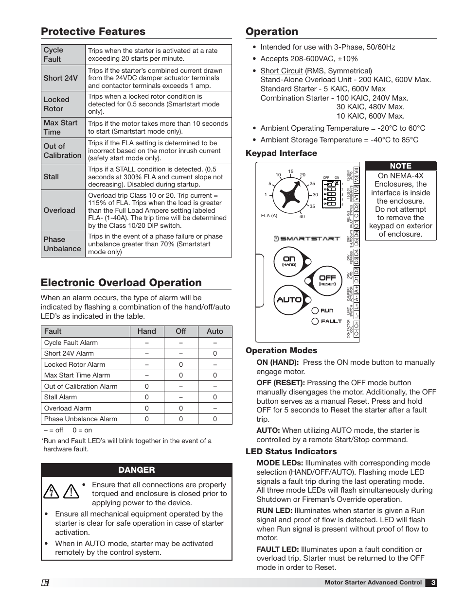 Protective features electronic overload operation, Operation, Danger | Operation modes, Led status indicators, Keypad interface | Greenheck Advanced Control - MSAC (476373) User Manual | Page 3 / 4