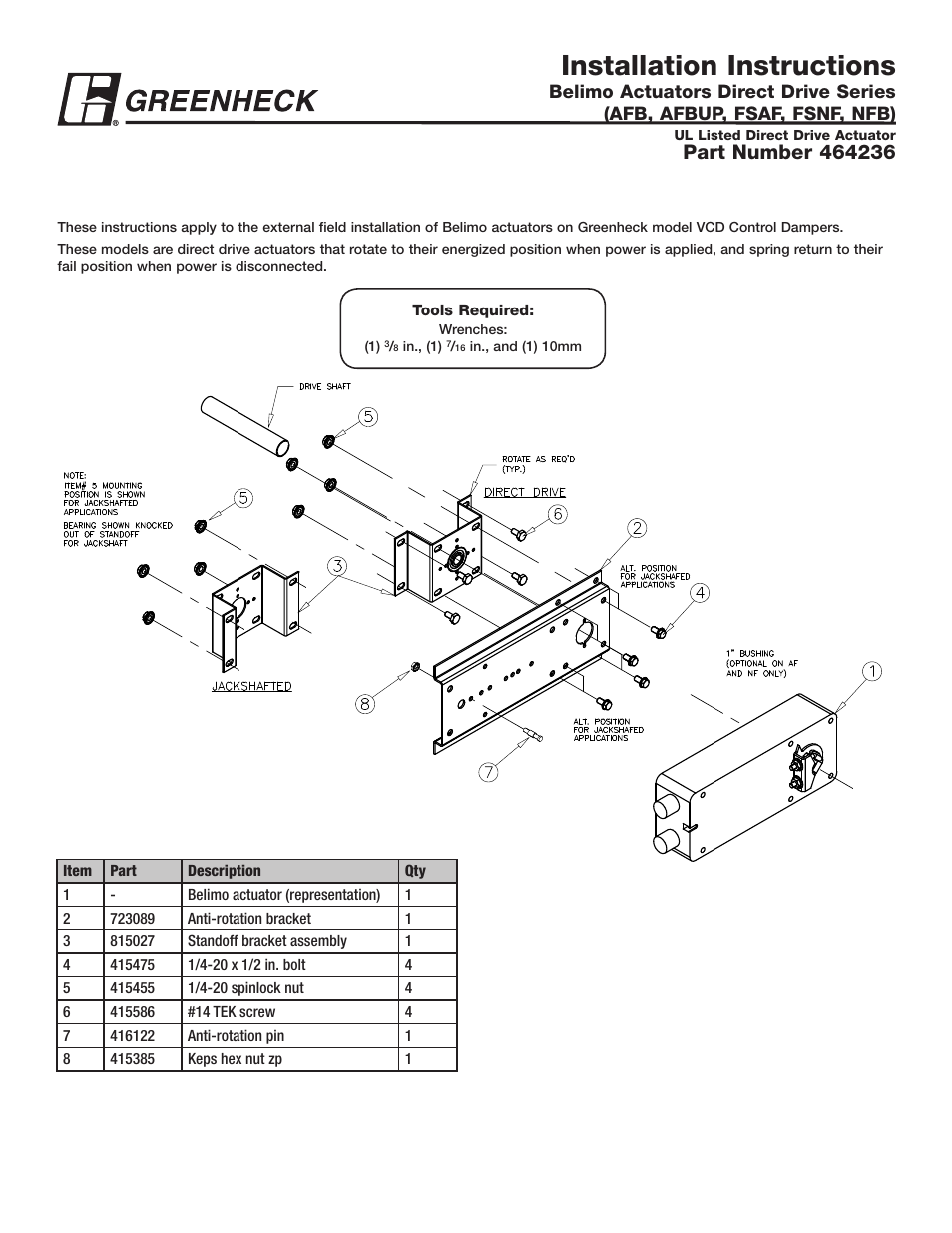 Greenheck AFB Series Actuators External Mount (464236 IOM) User Manual | 2 pages