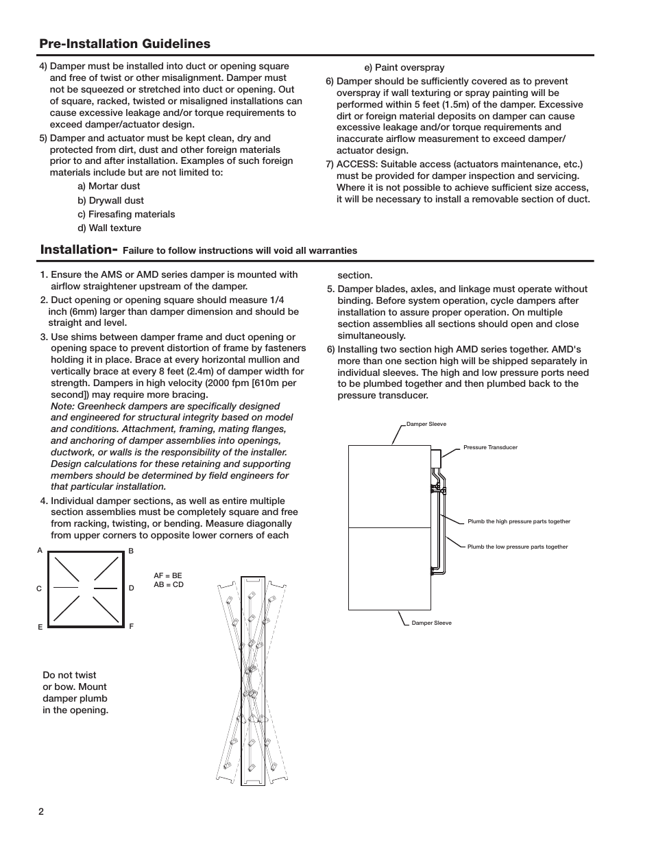 Installation, Pre-installation guidelines | Greenheck AMD Series Dampers (474014) User Manual | Page 2 / 10