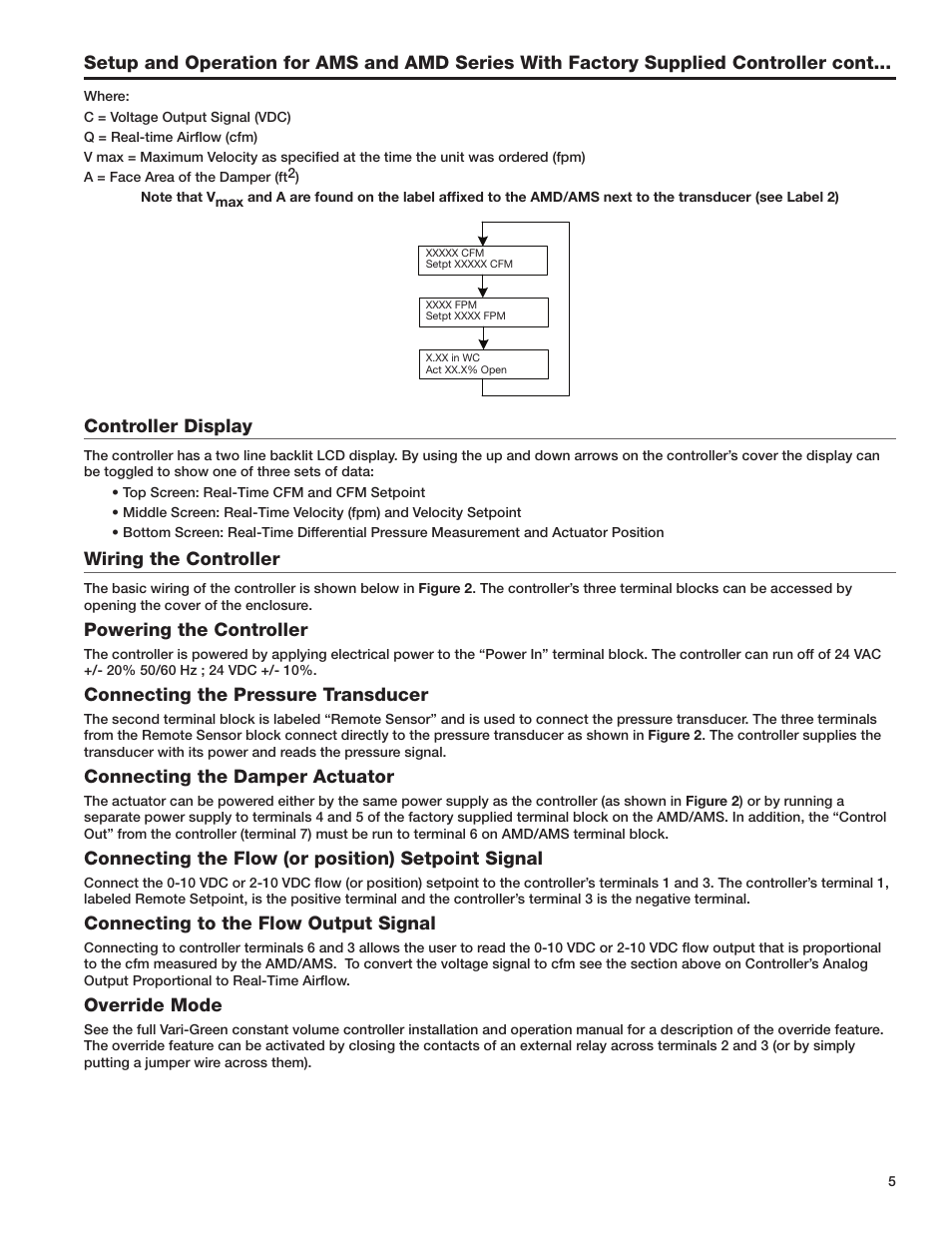 Controller display, Wiring the controller, Powering the controller | Connecting the pressure transducer, Connecting the damper actuator, Connecting the flow (or position) setpoint signal, Connecting to the flow output signal, Override mode | Greenheck AMD Series Dampers (474014) User Manual | Page 5 / 10