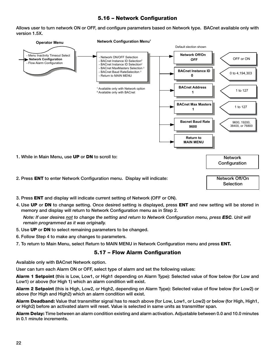 17 – flow alarm configuration, 16 – network configuration | Greenheck AMD-xx-TD Transmitter User Manual | Page 22 / 35