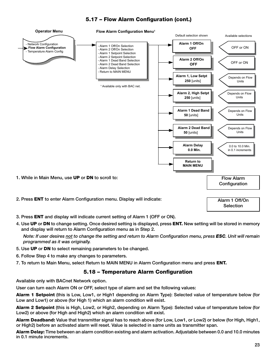 18 – temperature alarm configuration, 17 – flow alarm configuration (cont.) | Greenheck AMD-xx-TD Transmitter User Manual | Page 23 / 35