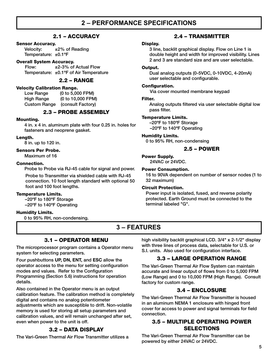 2 – performance specifications, 3 – features | Greenheck AMD-xx-TD Transmitter User Manual | Page 5 / 35