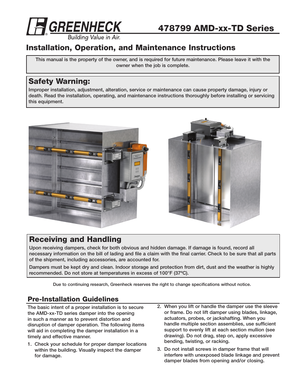 Greenheck AMD-xx-TD Series Dampers (478799 IOM). User Manual | 12 pages