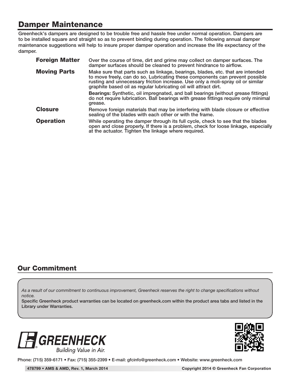 Damper maintenance, Our commitment | Greenheck AMD-xx-TD Series Dampers (478799 IOM). User Manual | Page 12 / 12